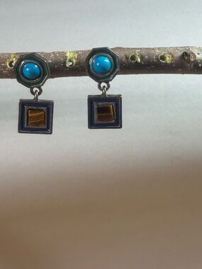 Turquoise and Navy Drop Earrings with Tiger Eye Accent